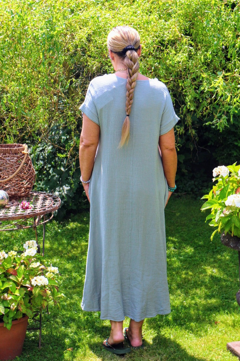 Kleid Tunika Hippie Kurzarm Grau 50% Leinen 50% Baumwolle One Size