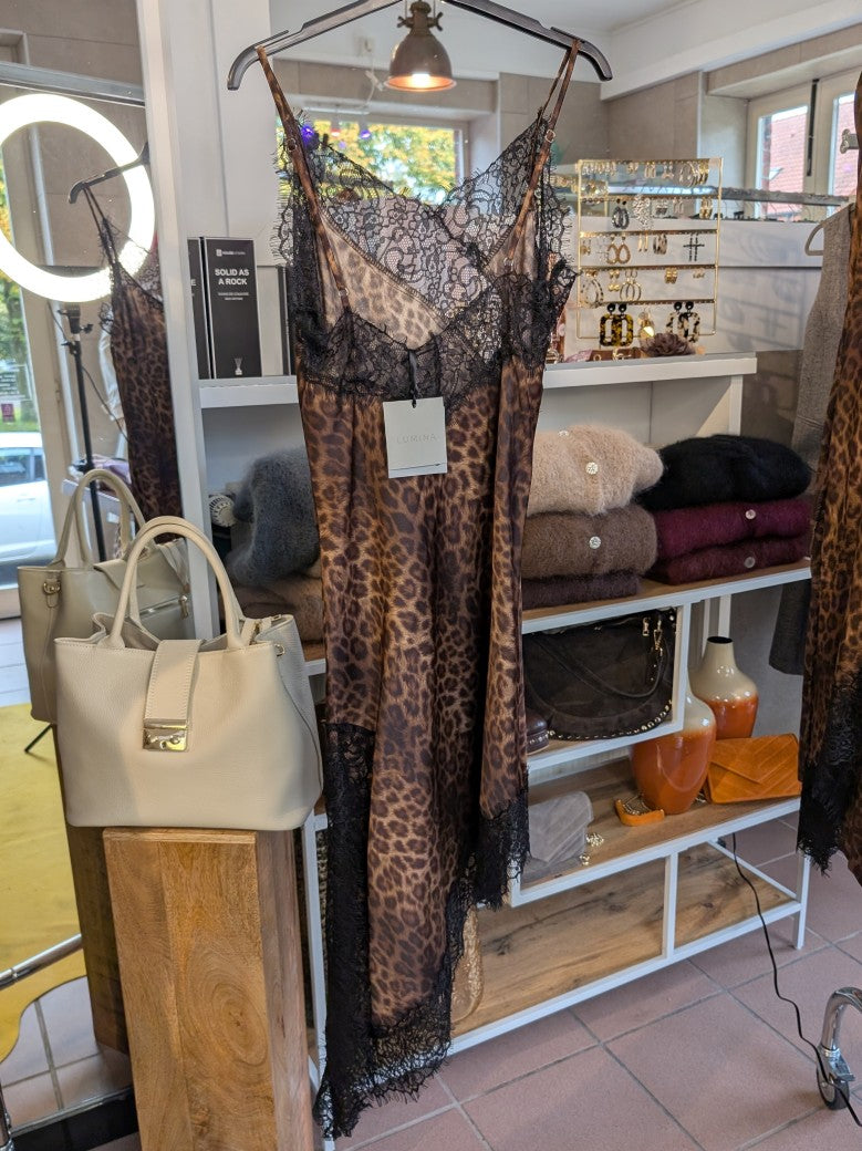 Kleid Viskose Satin mit Spitze Leo Coffee Braun Goldschimmer Schwarz M/L asymmetrisch - von LUMINA LD3657