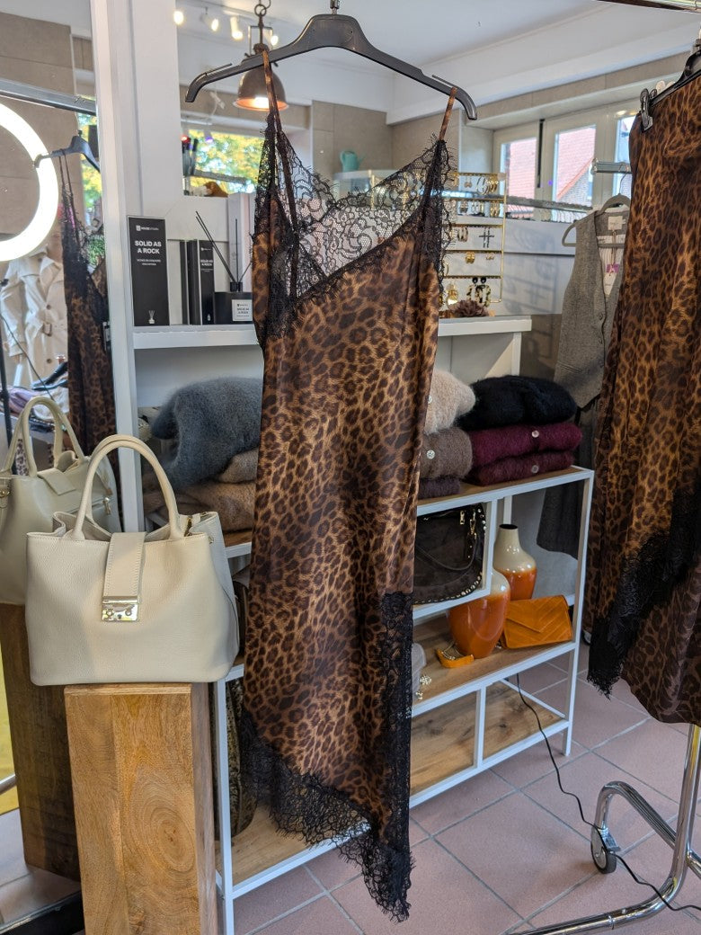 Kleid Viskose Satin mit Spitze Leo Coffee Braun Goldschimmer Schwarz M/L asymmetrisch - von LUMINA LD3657