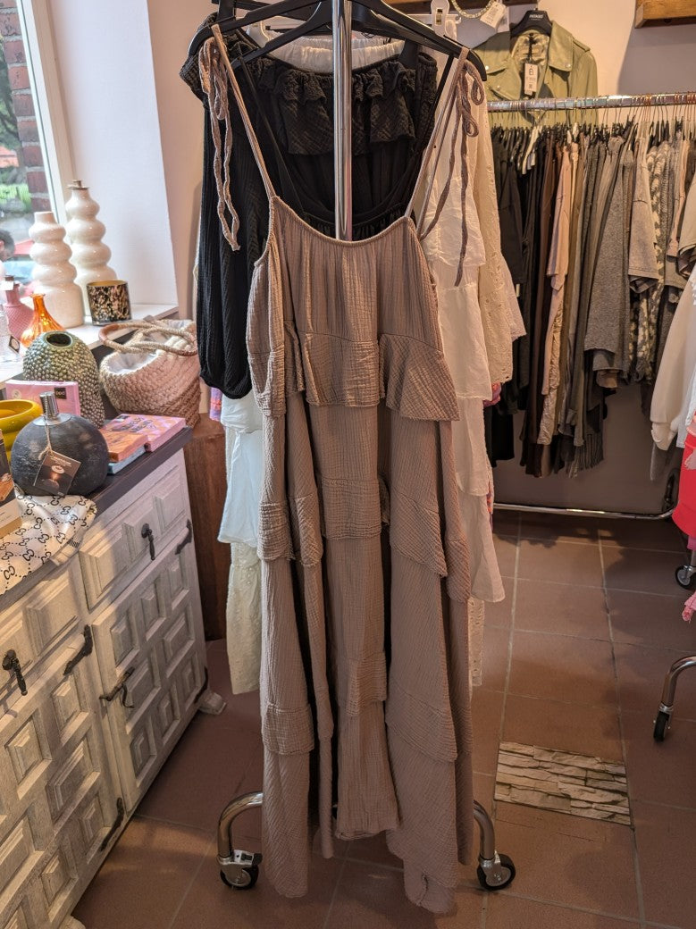 Kleid Maxi Mousselin Volant Träger Taupe, One Size 21784