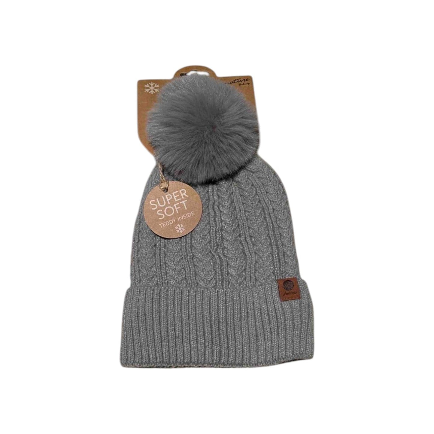Winter Damen Mütze » Bommelmütze Nora Mit Teddy » Strickmütze mit Flechtoptik » Wintermütze mit Bommel