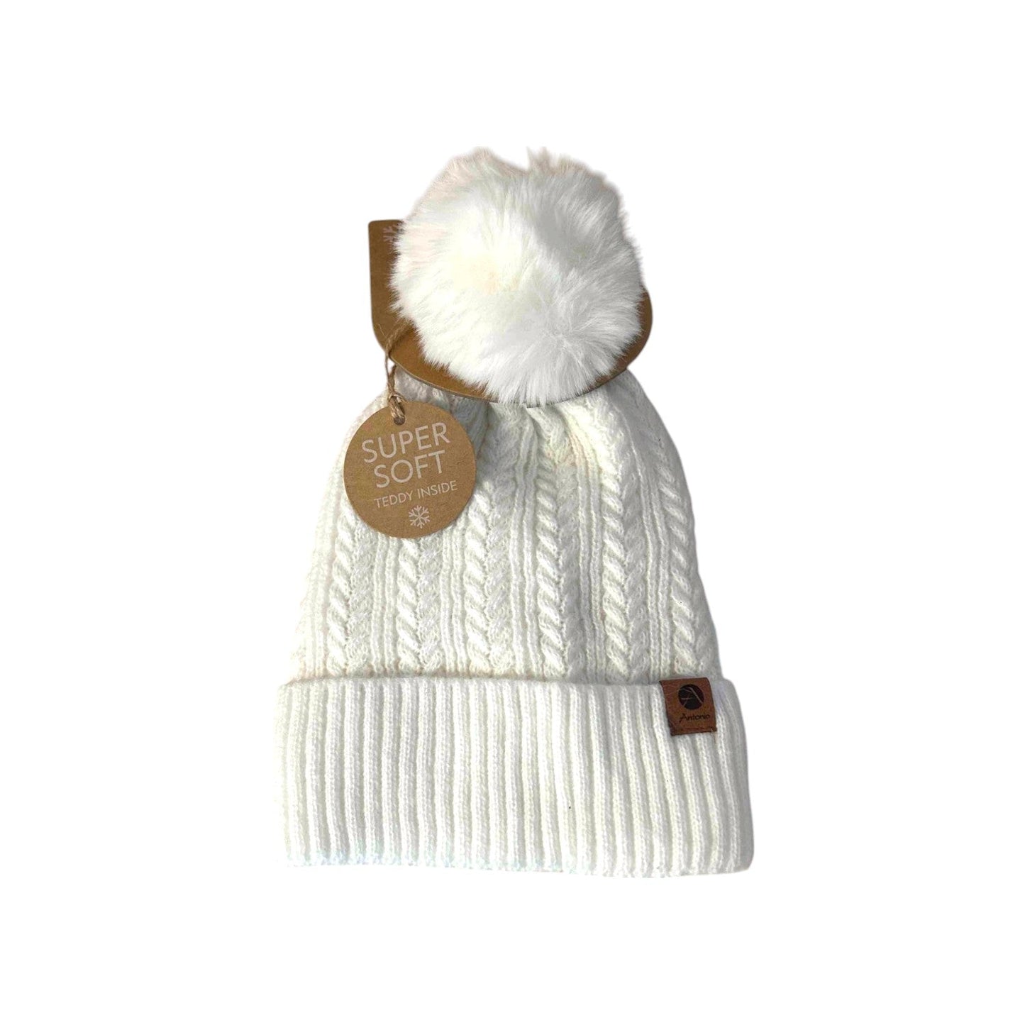 Winter Damen Mütze » Bommelmütze Nora Mit Teddy » Strickmütze mit Flechtoptik » Wintermütze mit Bommel