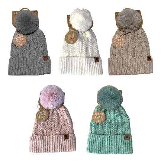 Winter Damen Mütze » Bommelmütze Nora Mit Teddy » Strickmütze mit Flechtoptik » Wintermütze mit Bommel