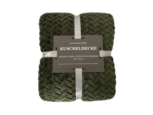 Jacquard Kuscheldecke olivgrün » XL Flanell Wohndecke 200x180cm » Wohndecke » wärmende Tagesdecke 350 g/m²