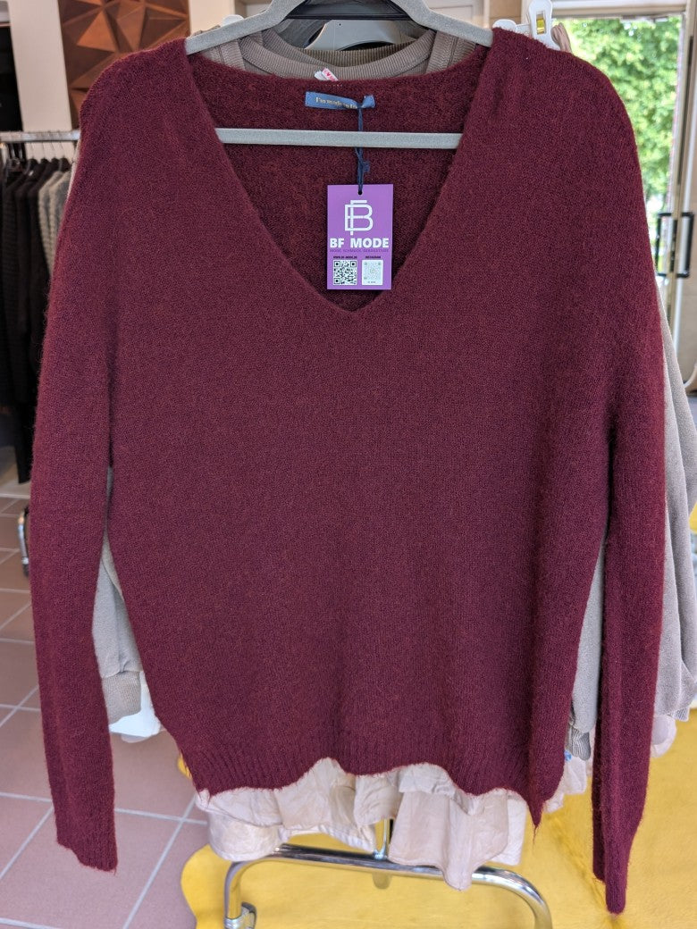 Pullover Alpaka 30% Nylon 30% Wolle 17% V-Ausschnitt Bordeaux Rot - One Size