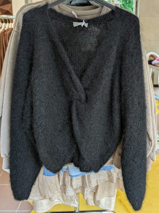 Pullover Mohair 80% Knoten Schleife V-Ausschnitt Schwarz Flausch Pulli - One Size 28047