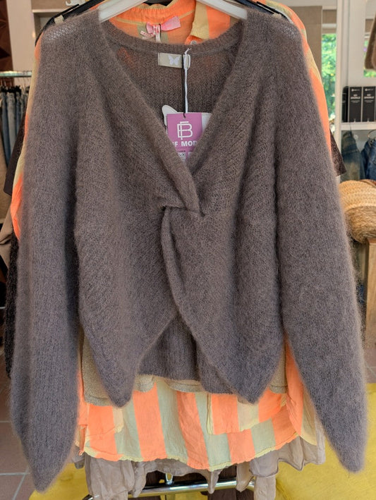 Pullover Mohair 80% Knoten Schleife V-Ausschnitt Taupe Flausch Pulli - One Size 28047