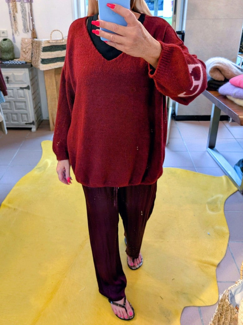 Pullover Namaste Backprint V-Ausschnitt Brombeer Rosa - von BELIEVE 1633