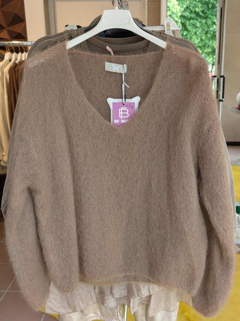 Pullover Mohair 80% V-Ausschnitt Milchkaffee Taupe Flausch Pulli - One Size HH24201