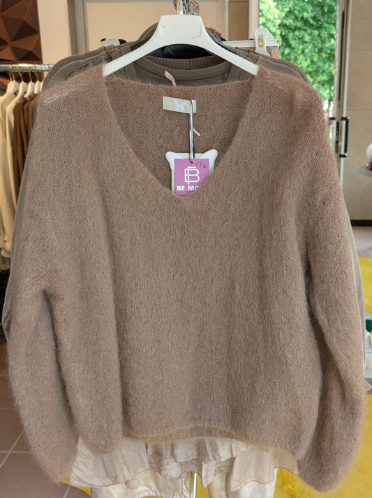 Pullover Mohair 80% V-Ausschnitt Milchkaffee Taupe Flausch Pulli - One Size HH24201