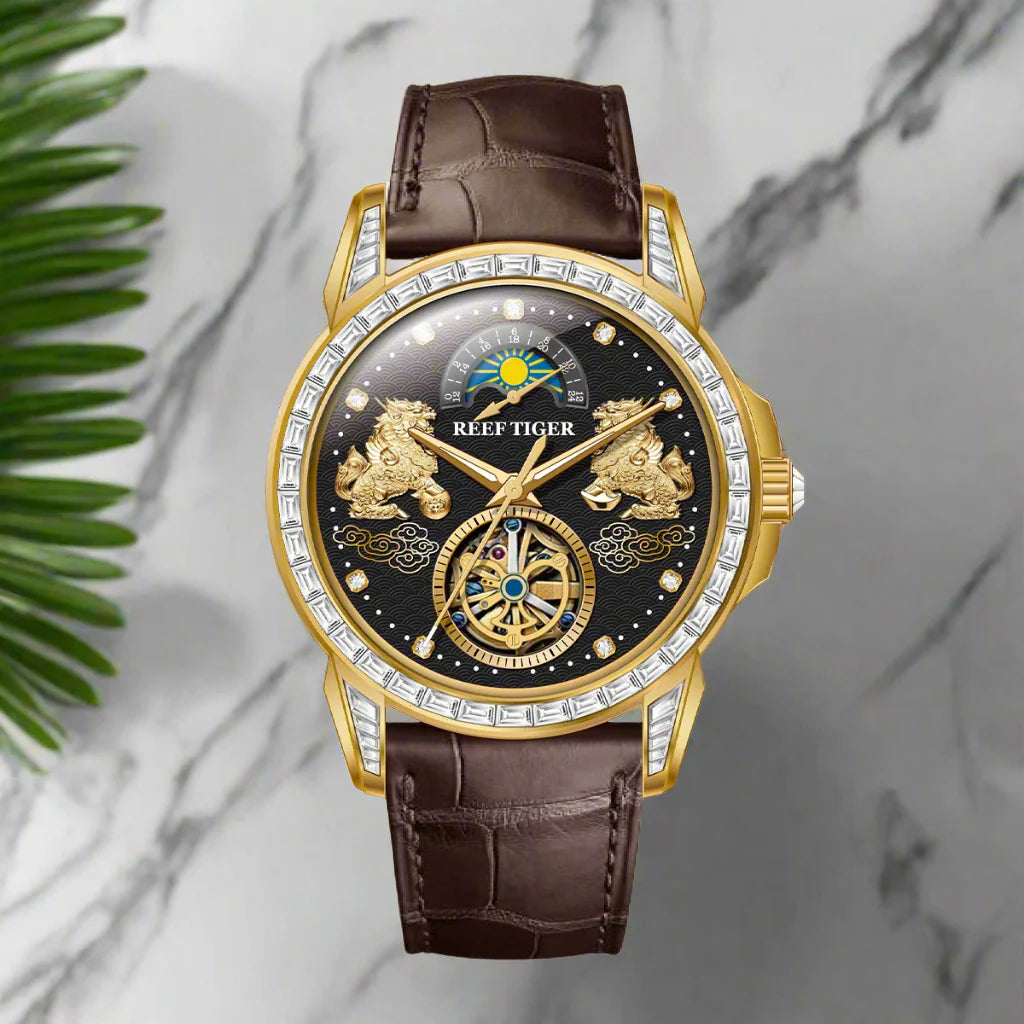 Reef tiger automatic watch rose gold pixiu dial diamond bezel leather strap