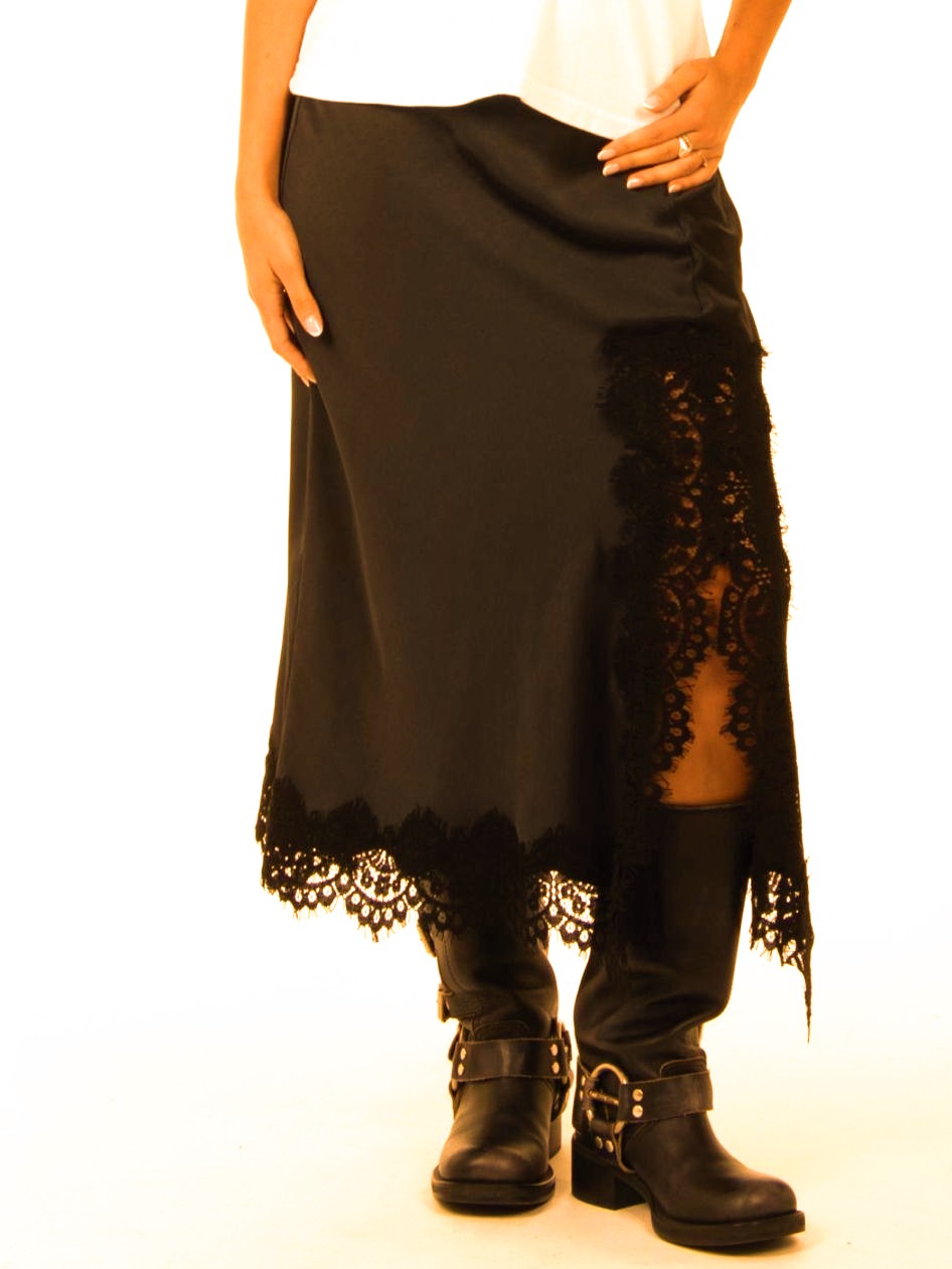 Rock Satin mit Spitze Coffee Braun Schwarz One Size - von Alisé G2790P