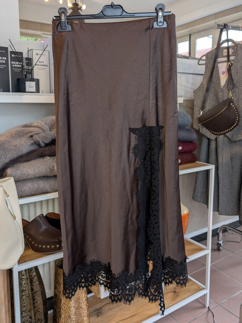 Rock Satin mit Spitze Coffee Braun Schwarz One Size - von Alisé G2790P