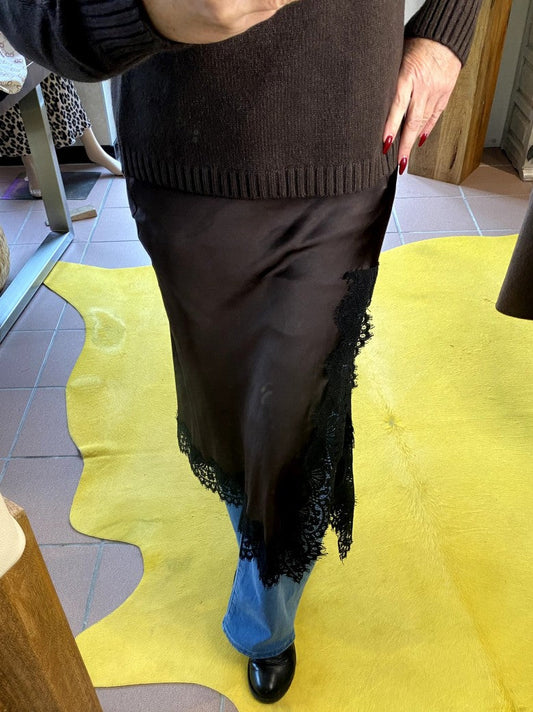 Rock Satin mit Spitze Coffee Braun Schwarz One Size - von Alisé G2790P