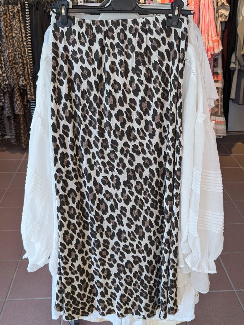 Rock Viskose Satin mit Leo Muster in Créme Hell Braun Schwarz, One Size 02691