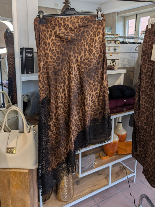 Rock Viskose Satin mit Spitze Leo Coffee Braun Goldschimmer Schwarz M/L asymmetrisch - von LUMINA LD3659