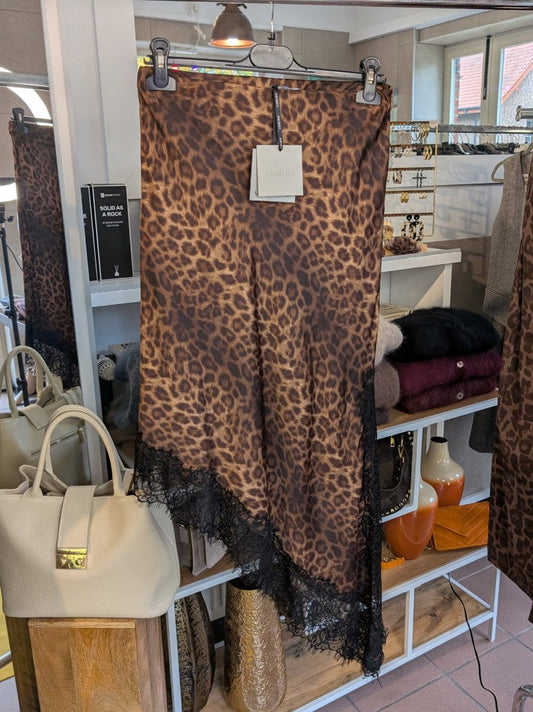 Rock Viskose Satin mit Spitze Leo Coffee Braun Goldschimmer Schwarz M/L asymmetrisch - von LUMINA LD3659