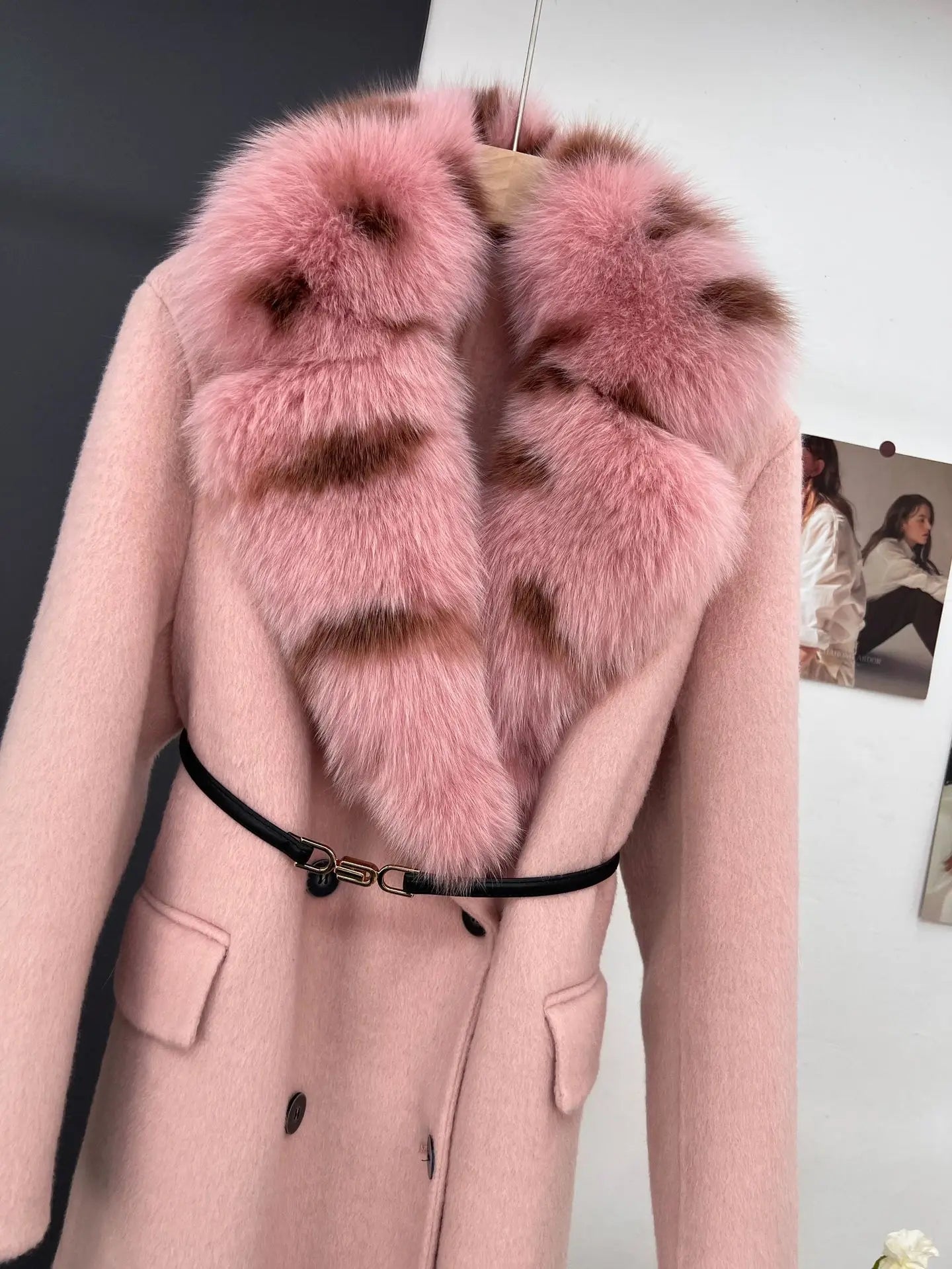 women's luxury wool coat  long patchwork design with detachable fox fur