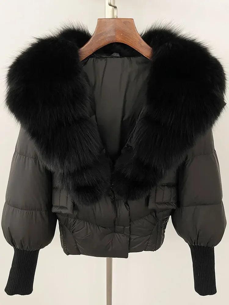 Winter girls jacket with real raccoon fox fur loose fit coat