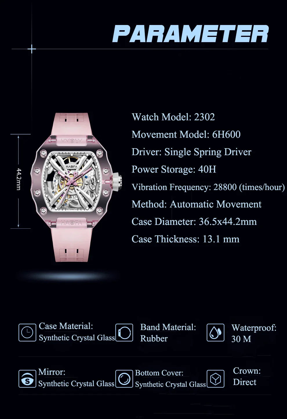 Haofa luminous crystal watch automatic mechanical timepiece