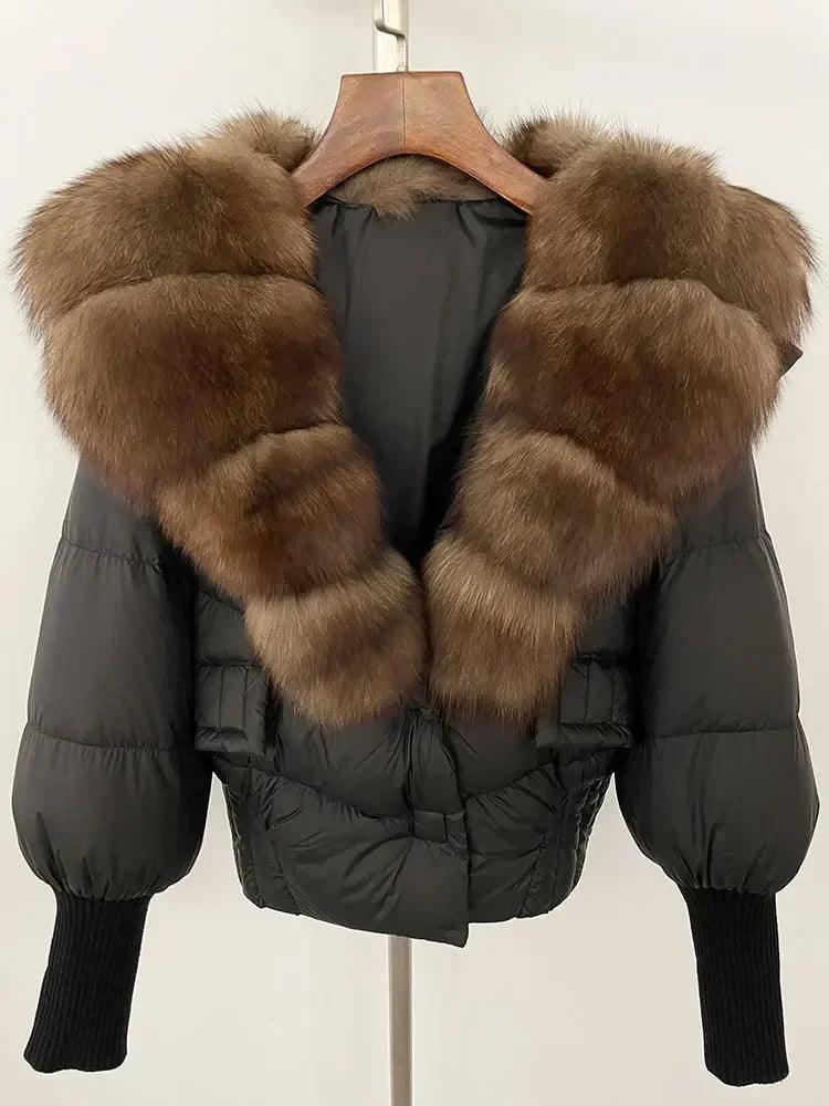 Winter girls jacket with real raccoon fox fur loose fit coat