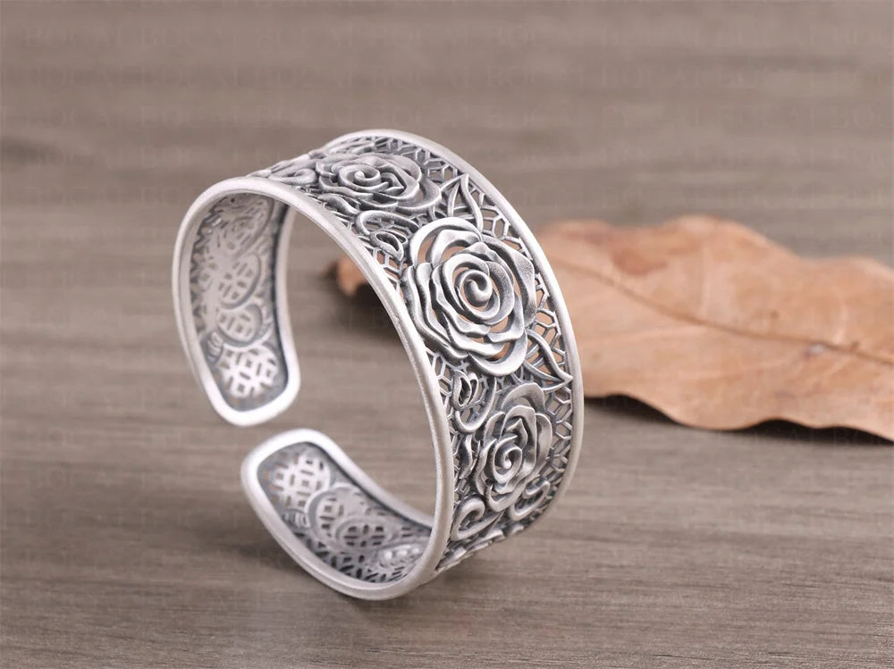 Handcrafted s999 sterling silver rose filigree bangle wide bracelet unique artisan design