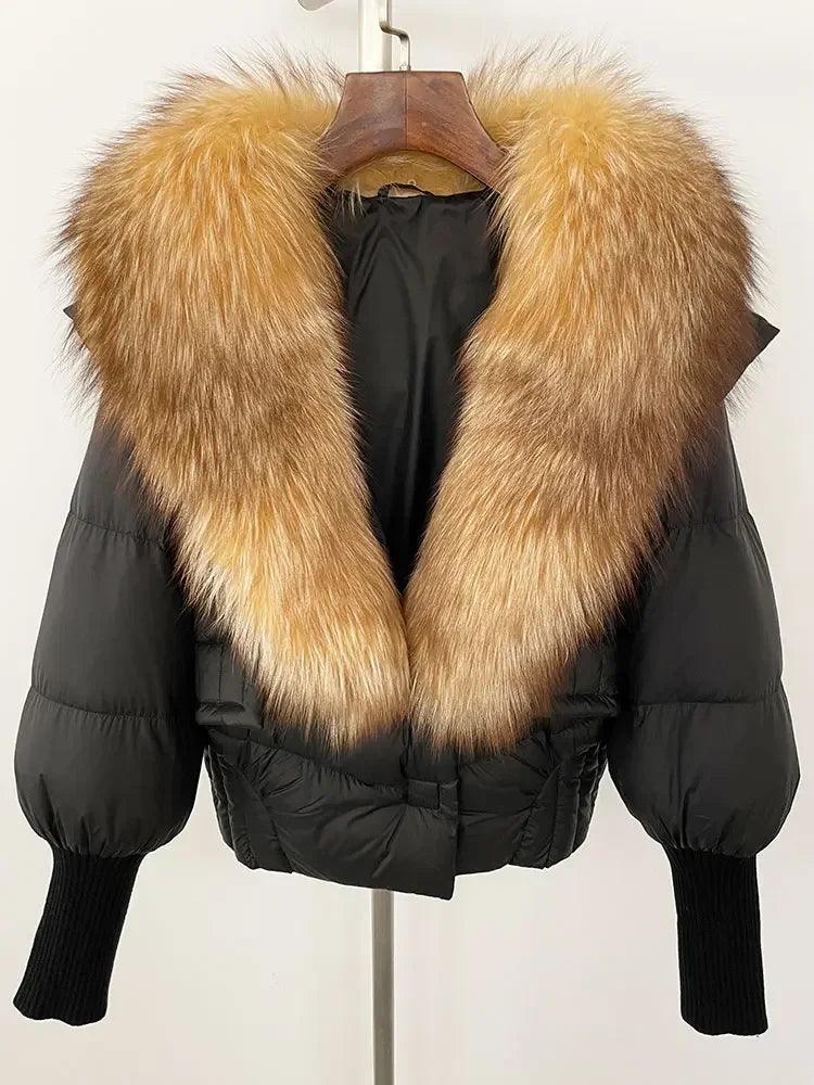 Winter girls jacket with real raccoon fox fur loose fit coat