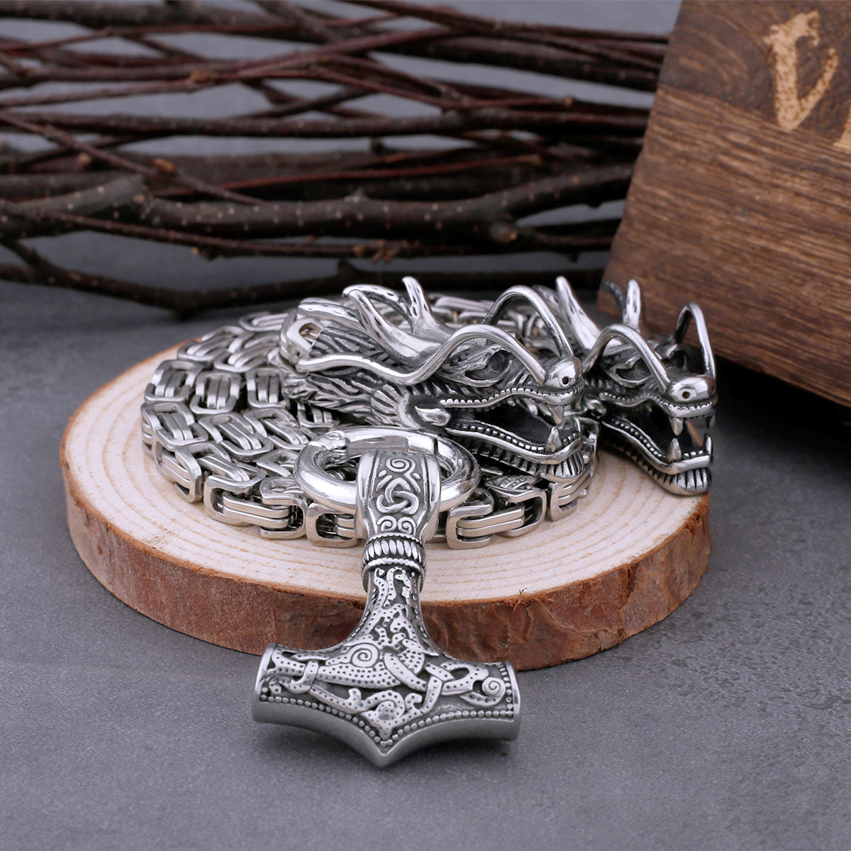 Vintage viking pendant  thor hammer amulet necklace steel dragon design
