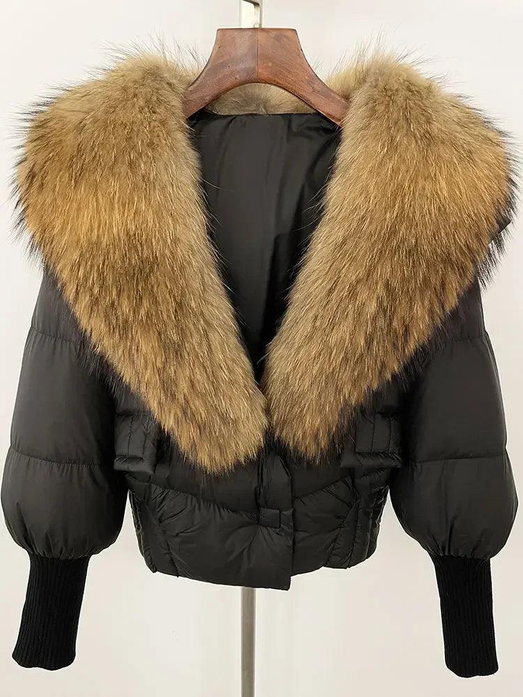 Winter girls jacket with real raccoon fox fur loose fit coat