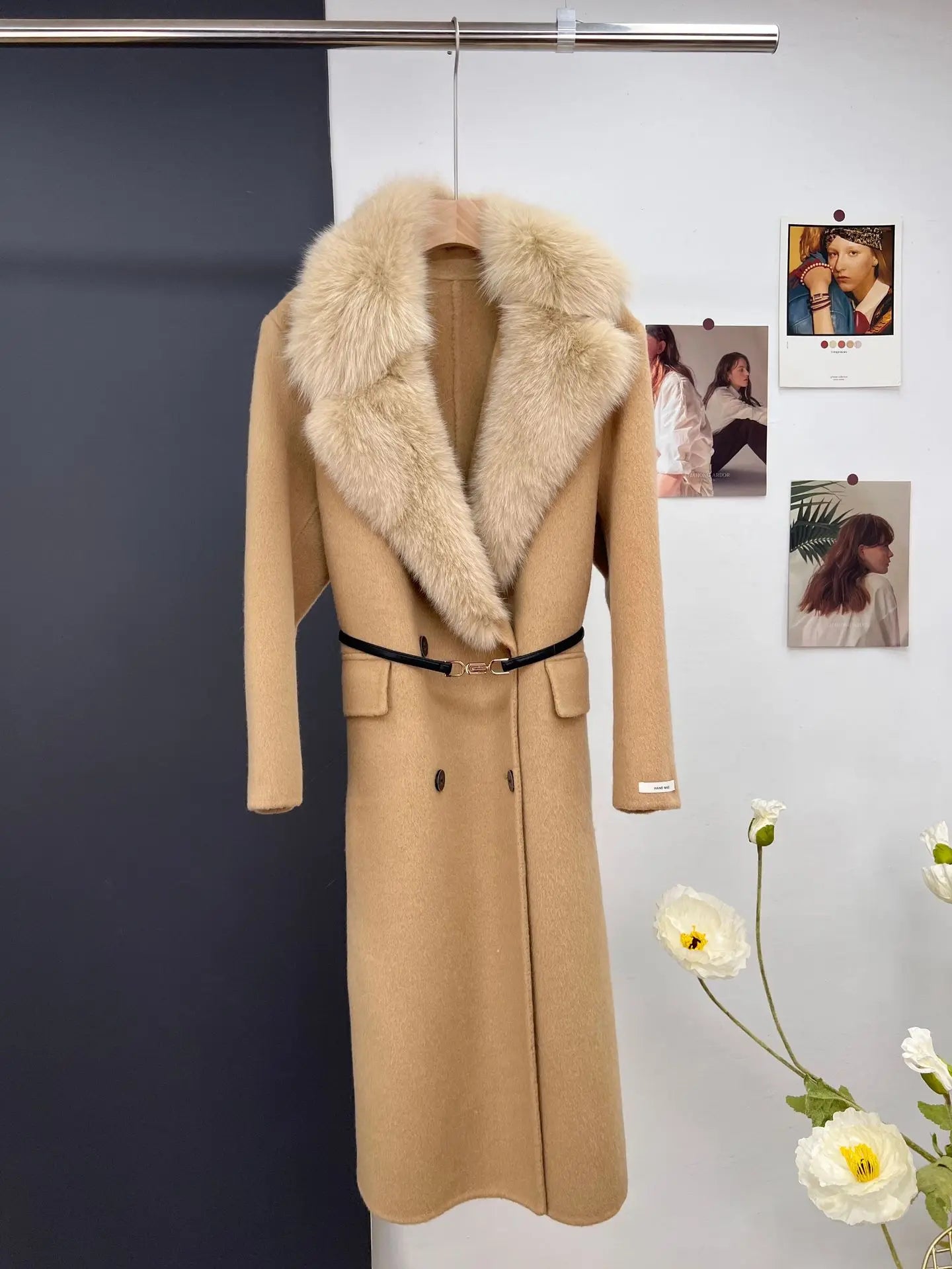 women's luxury wool coat  long patchwork design with detachable fox fur