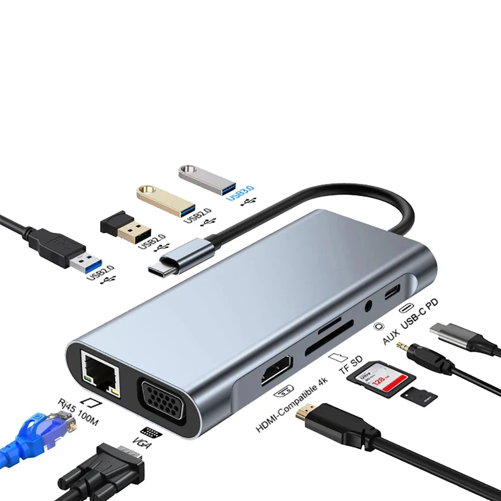 USB C docking station with hdmi 4k, power delivery charging, ethernet port, vga, sd card reader