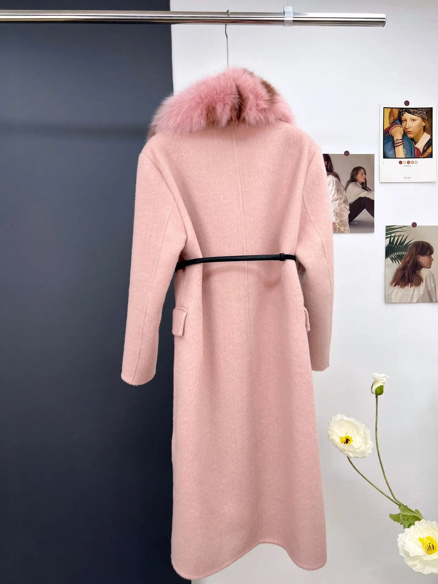 women's luxury wool coat  long patchwork design with detachable fox fur