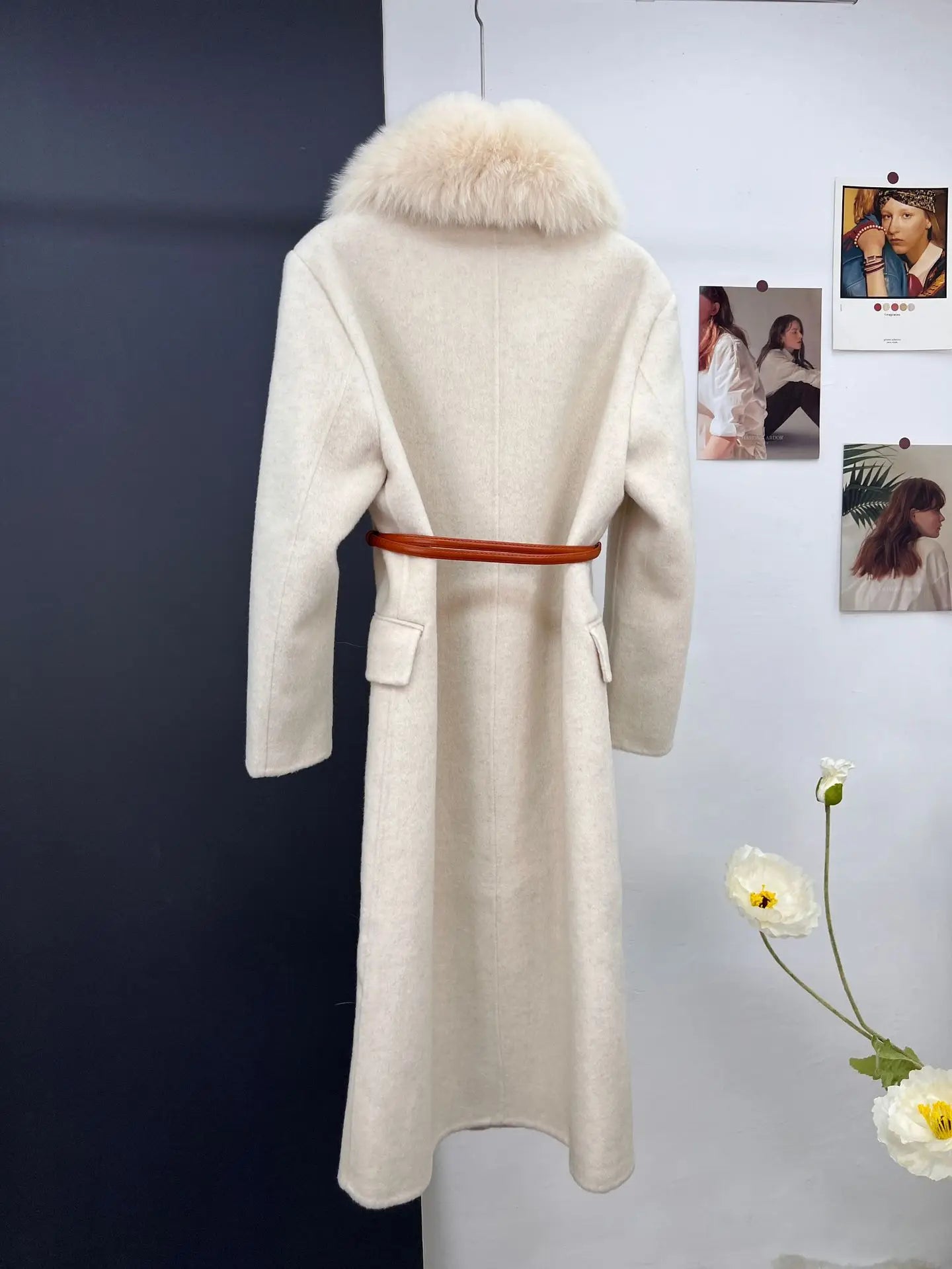 women's luxury wool coat  long patchwork design with detachable fox fur
