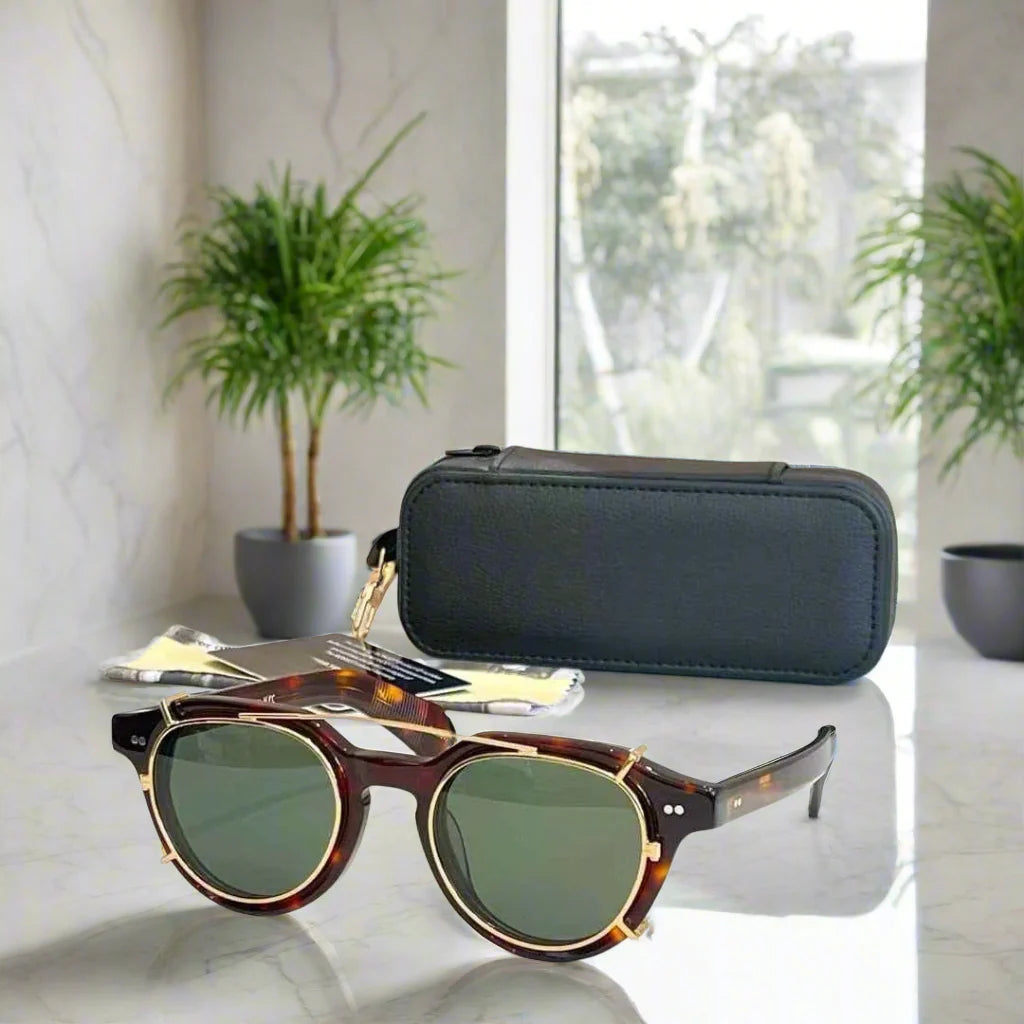 Moscot Baitsim handcrafted acetate clip-ons with iconic oval shape sunglasses