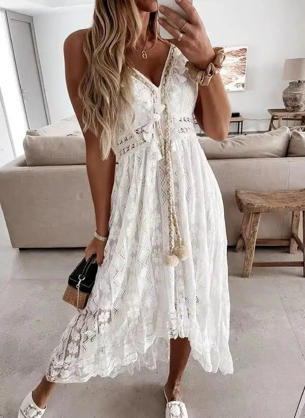 Boho style girl dress white cotton lace sleeveless long summer
