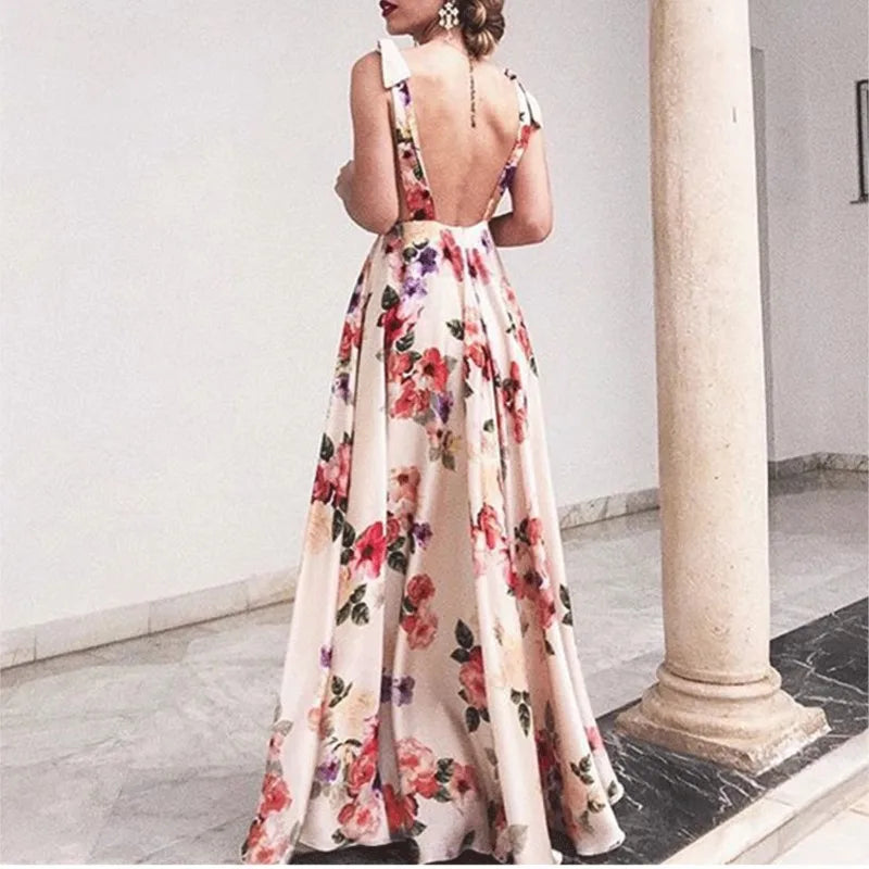 Backless women floral high waist large swing sleeveless long dresse