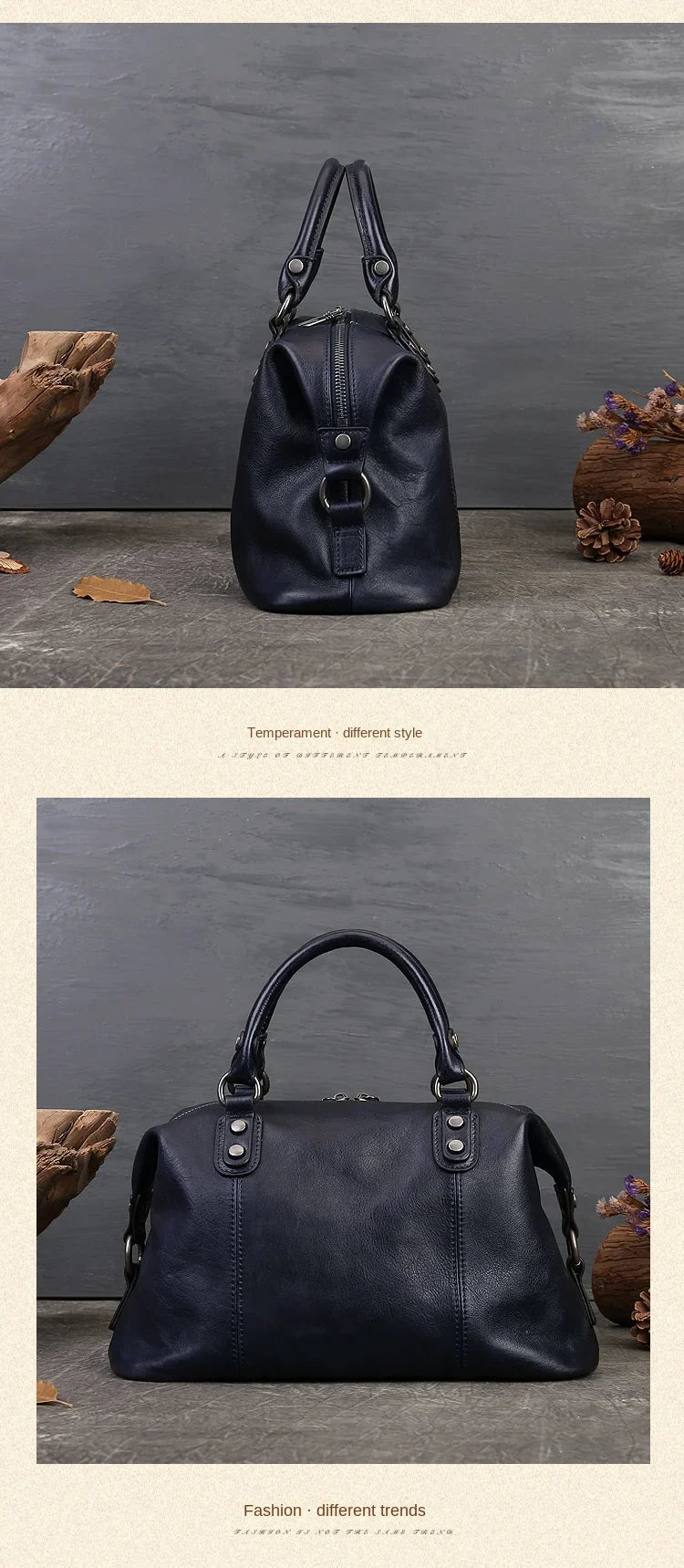 women genuine leather tote bag classic cowhide shoulder handbag with zipper