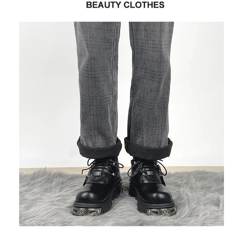 Dark punk style boots leather metal niche street style