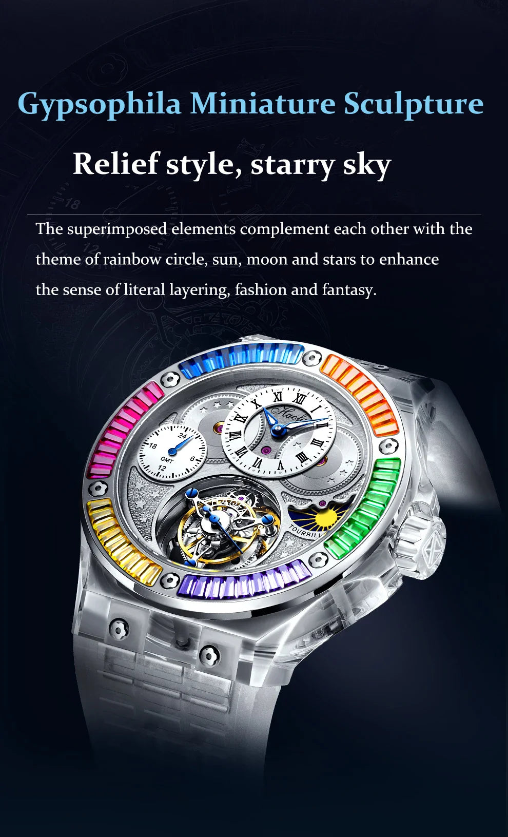 Haofa k9 watermelon crystal watch luxury skeleton tourbillon watch sapphire glass