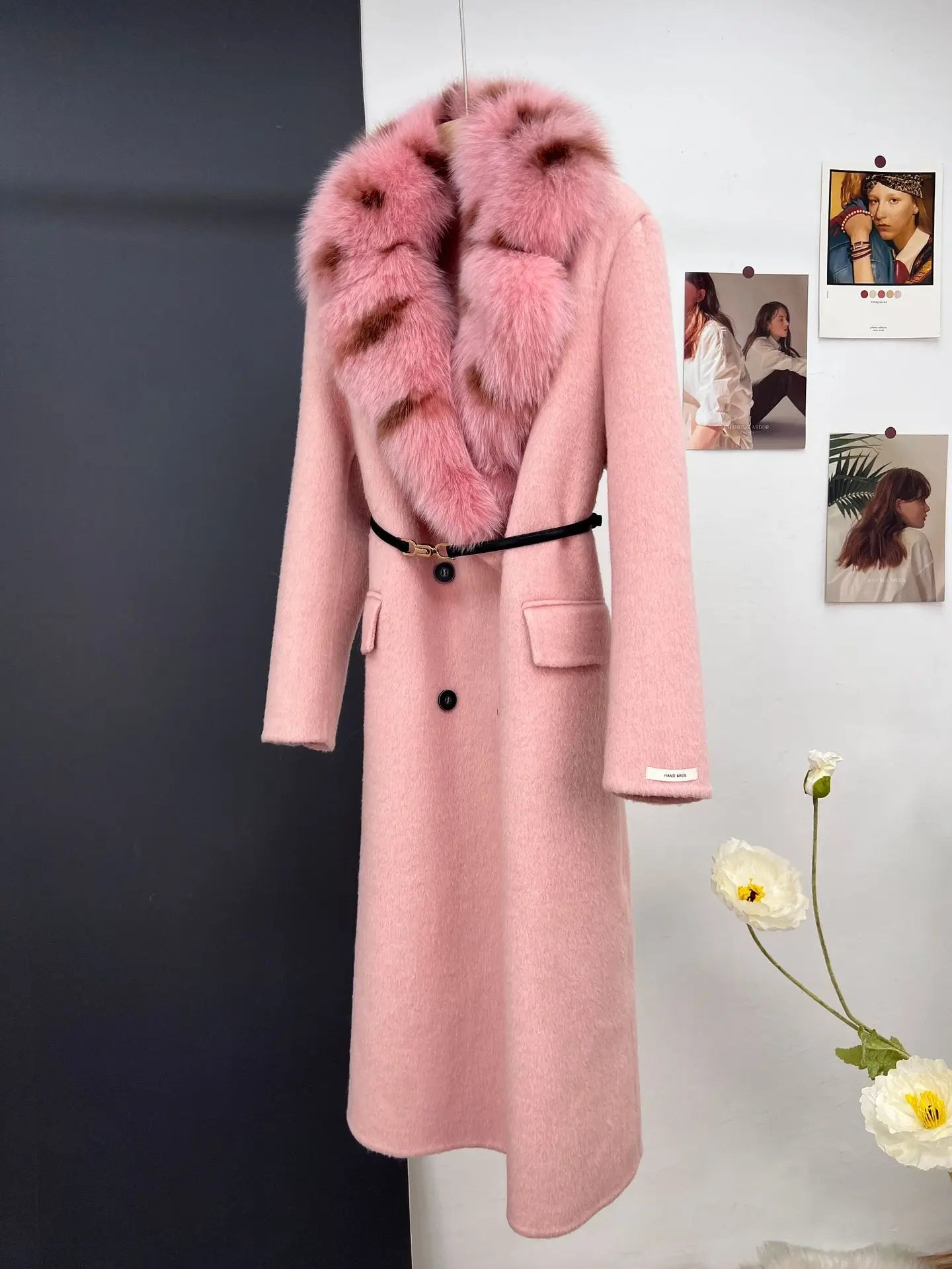 women's luxury wool coat  long patchwork design with detachable fox fur