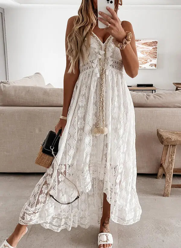 Boho style girl dress white cotton lace sleeveless long summer
