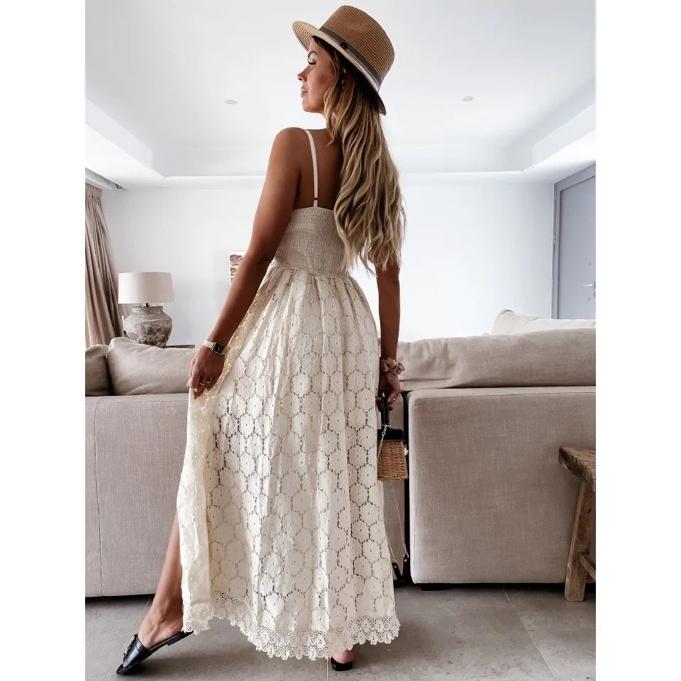 Boho style girl dress white cotton lace sleeveless long summer
