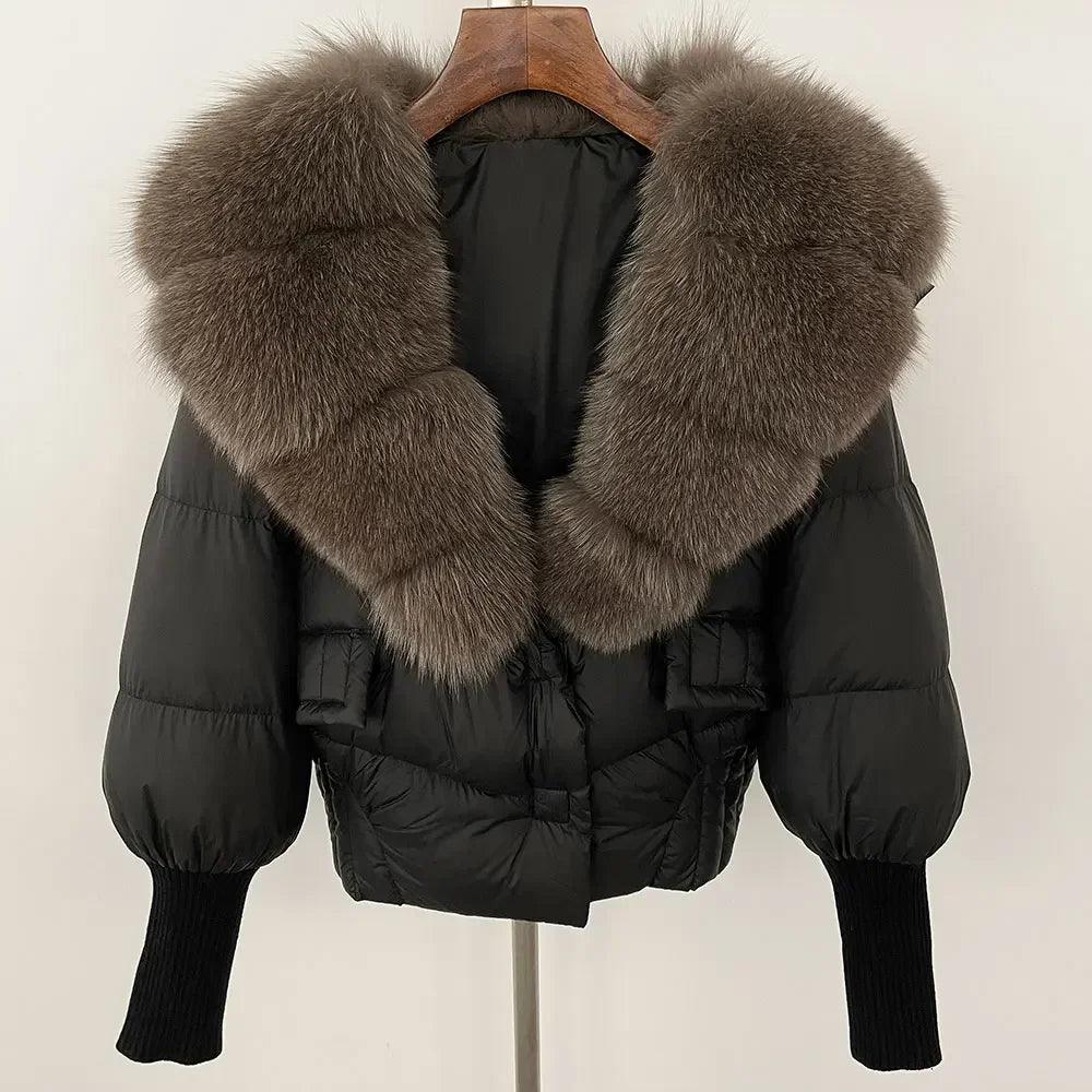 Winter girls jacket with real raccoon fox fur loose fit coat