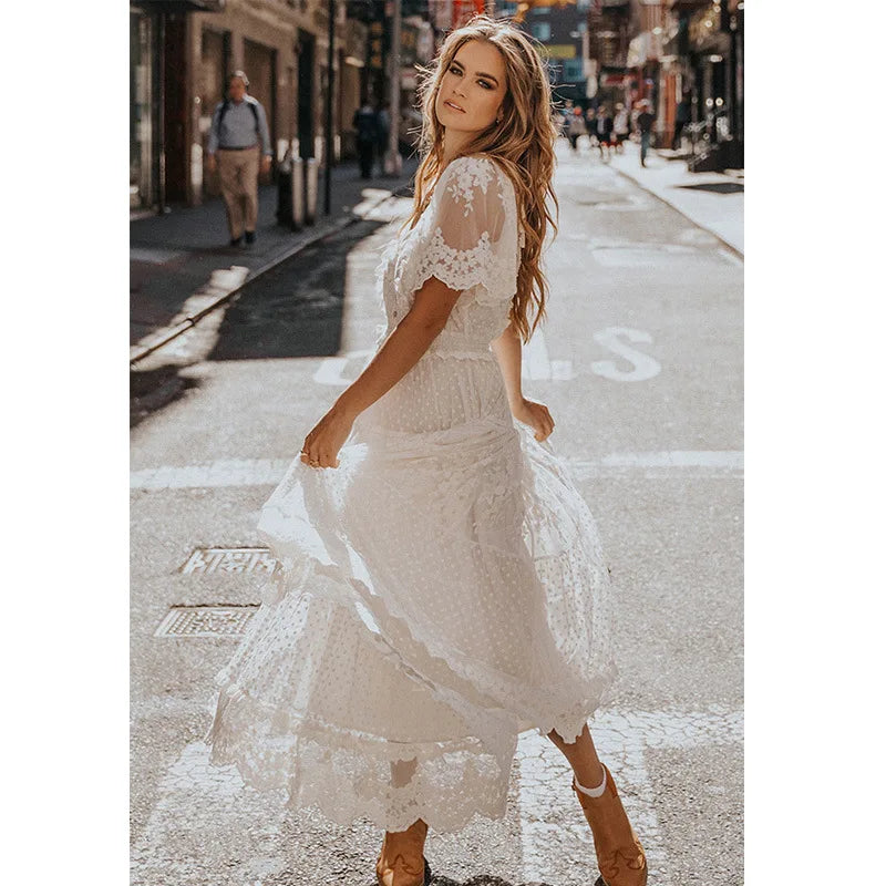 Boho style girl dress white cotton lace sleeveless long summer