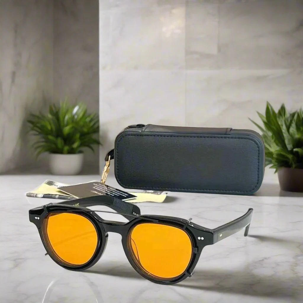 Moscot Baitsim handcrafted acetate clip-ons with iconic oval shape sunglasses
