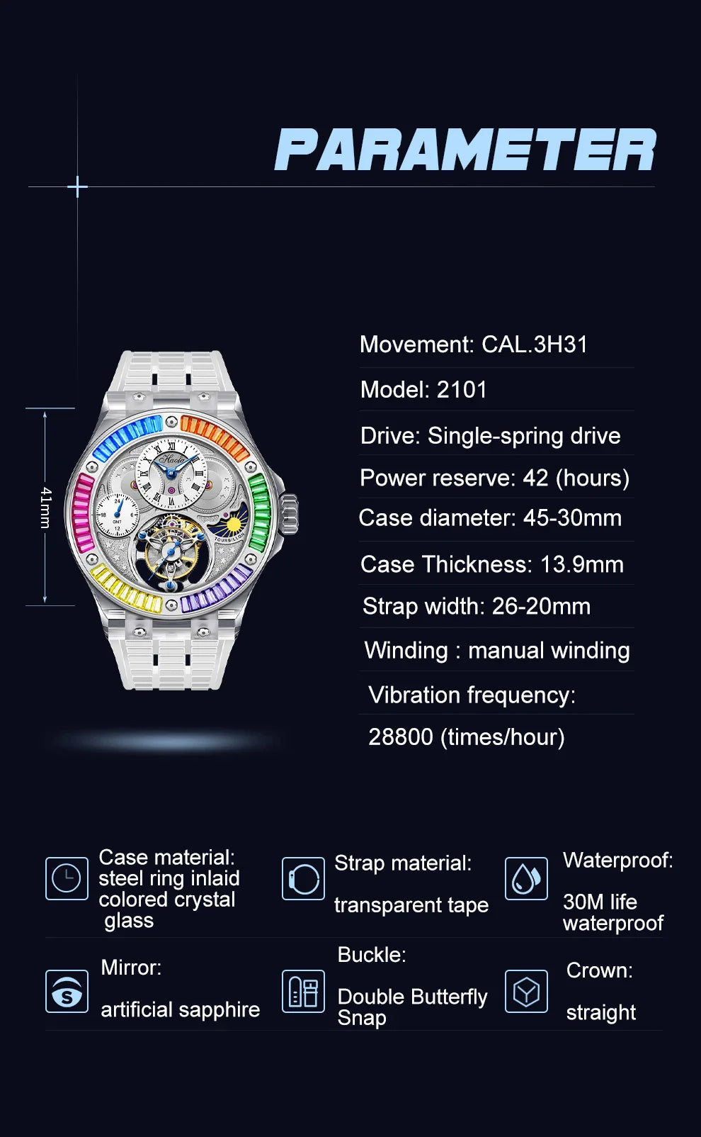 Haofa k9 watermelon crystal watch luxury skeleton tourbillon watch sapphire glass