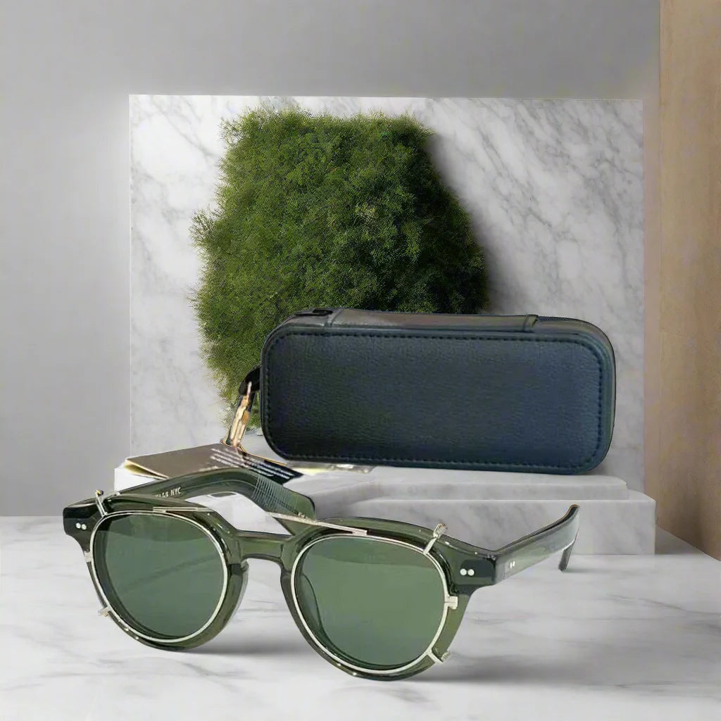 Moscot Baitsim handcrafted acetate clip-ons with iconic oval shape sunglasses