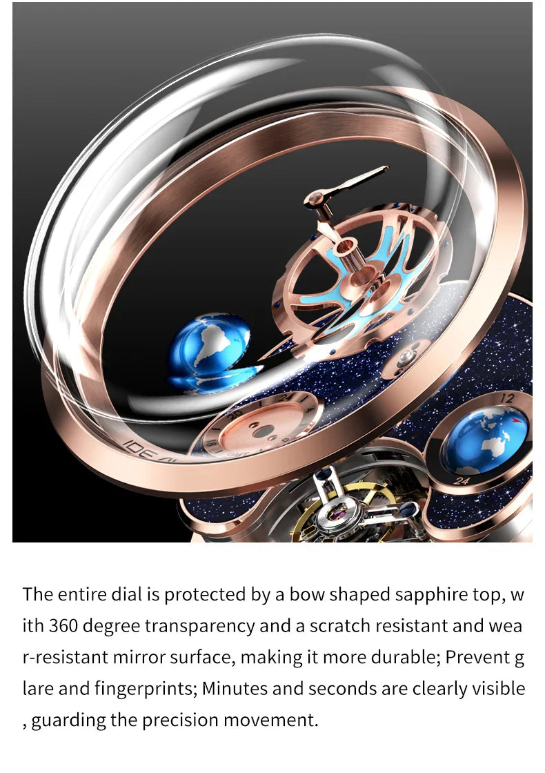 IDEAL KNIGHT blue earth tourbillon watch luxury skeleton automatic timepiece