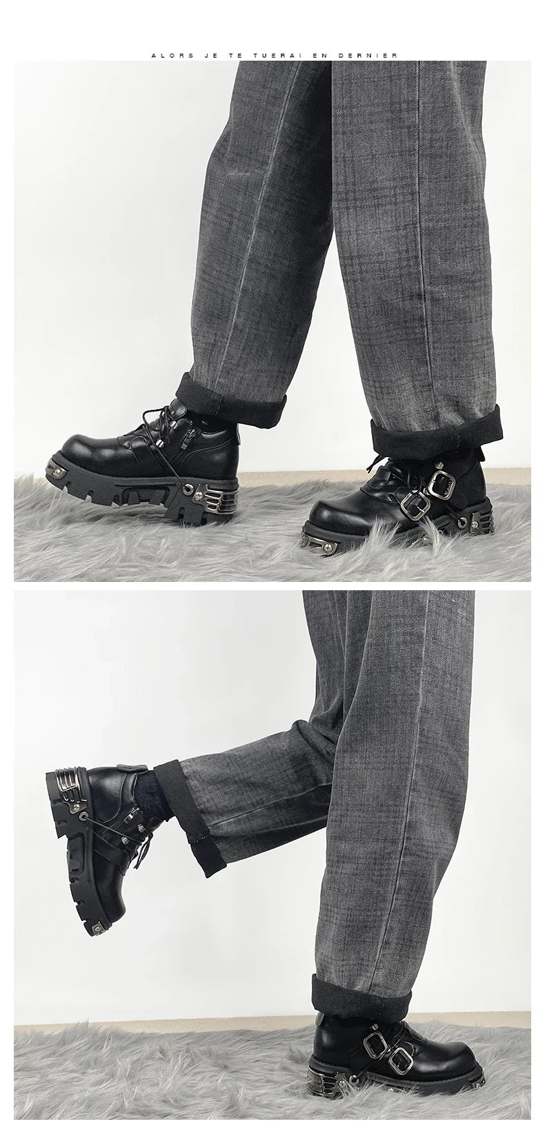 Dark punk style boots leather metal niche street style