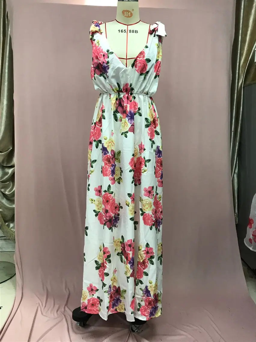 Backless women floral high waist large swing sleeveless long dresse